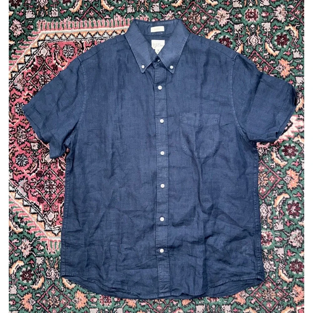 J.Crew Irish Linen Shirt Mens Medium Navy Blue Excellent Short Sleeve Classic